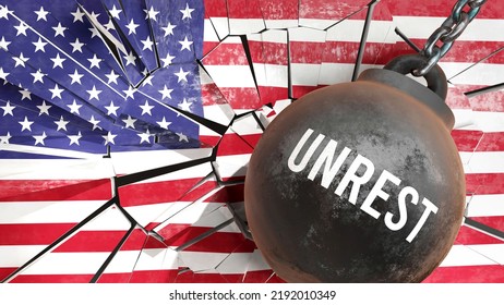 Unrest And USA America, Destroying Economy And Ruining The Nation. Unrest Wrecking The Country And Causing  General Decline In Living Standards.,3d Illustration