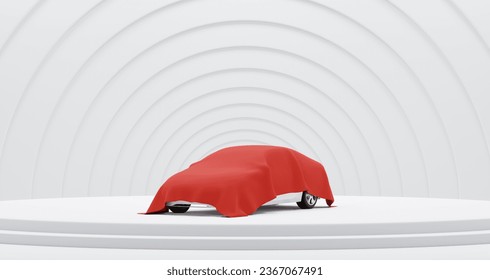 Unrevealed upcoming car cover in red silk showroom, clean white studio warehouse shop interior, new electric vehicle stage exhibition 3d rendering - Powered by Shutterstock