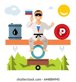 Unstable Russian Economy. Balance Of Oil And The Ruble. Humor Concept. Flat Style Colorful Cartoon Illustration.