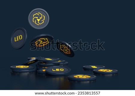 Unus Sed Leo cryptocurrency 3D illustration of falling tokens and stacks of coins isolated on dark background. Suitable for illustrating news and blog contents.  High quality 3D rendering. Foto stock © 