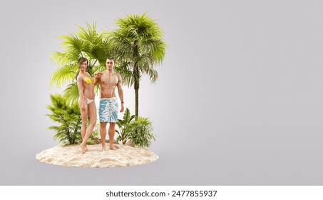 Unusual 3d illustration of a beautiful couple resting on a tropical island at the ocean. Summertime. Traveling and vacation concept - Powered by Shutterstock