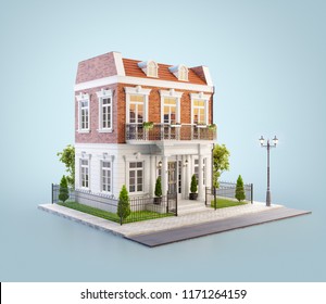 Unusual 3d illustration of a beautiful house with white entrance, lawn and small cute garden at the road in nice neighborhood