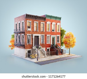 Unusual 3d illustration of Brownstone buildings in Neighborhood sidewalk in autumn New York.
