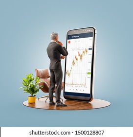Unusual 3d illustration of a businessman standing in front of smartphone with Stock market graph. Finance and investment Smartphone apps concept.