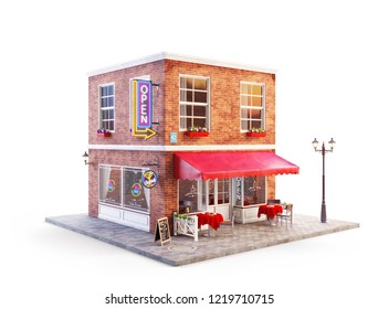 Unusual 3d illustration of a cafe, pub or bar building with red awning, neon signs and outdoor tables - Powered by Shutterstock