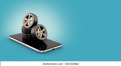 Unusual 3d Illustration Of Car Tires On A Smartphone Screen. Tire Size Calculator. Choosing And Buying Tires Online Concept