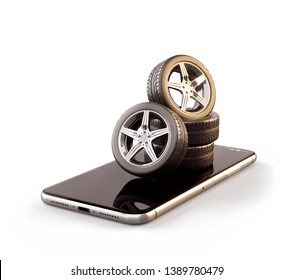 Unusual 3d Illustration Of Car Tires On A Smartphone Screen. Tire Size Calculator. Choosing And Buying Tires Online Concept. Isolated