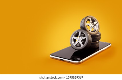 Unusual 3d Illustration Of Car Tires On A Smartphone Screen. Tire Size Calculator. Choosing And Buying Tires Online Concept