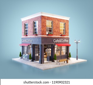 Unusual 3d Illustration Of A Cozy Cafe, Coffee Shop Or Coffeehouse Building With Red Awning