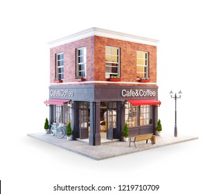 Unusual 3d Illustration Of A Cozy Cafe, Coffee Shop Or Coffeehouse Building With Red Awning. Isolated