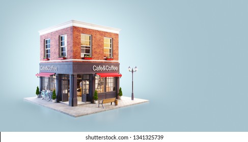 Unusual 3d Illustration Of A Cozy Cafe, Coffee Shop Or Coffeehouse Building With Red Awning