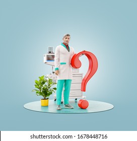 Unusual 3d Illustration Of A Doctor Standing With Question Mark. Concept Of Medical Questions And Answers