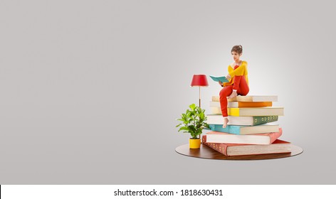 Unusual 3d illustration of female reads sitting on a stack of books. - Powered by Shutterstock