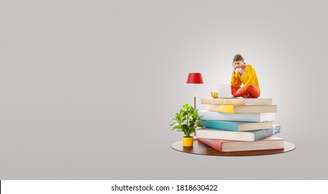 Unusual 3d Illustration Of A Female Working On Laptop Computer Sitting On A Stack Of Books.