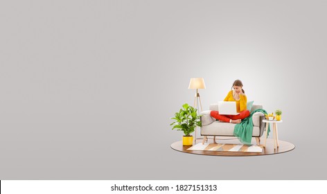 Unusual 3d illustration of a female working on laptop computer sitting on a couch at her home office.