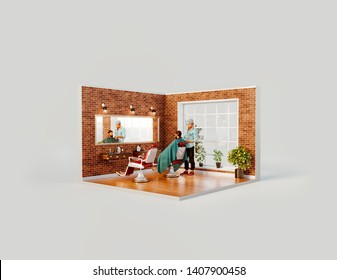 Unusual 3d illustration of hairdresser cutting hair of male client. Barber shop concept - Powered by Shutterstock