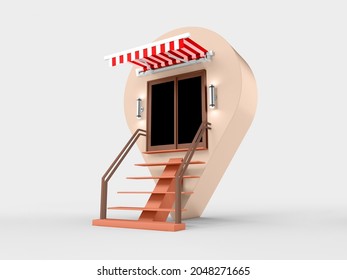 Unusual 3d Illustration Of A Ice Cream Shop Building With Red Awning And Outdoor Pin Location Map  A Shop On A White Background