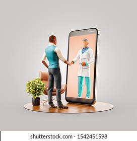 Unusual 3d illustration of a man standing in front of smartphone screen shaking hands with his doctor. Health care Smartphone apps. Online medical consultation and support concept. - Powered by Shutterstock