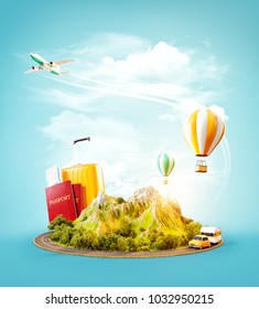 Unusual 3d Illustration Of A Mount With The Road Around And Air Balloons Above. Travel And Vacation Concept.