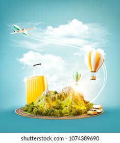 Unusual 3d Illustration Of A Mount With The Road Around And Air Balloons Above. Travel And Vacation Concept.