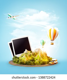 Unusual 3d Illustration Of A Mount With The Road Around And Air Balloons Above. Travel And Vacation Concept.