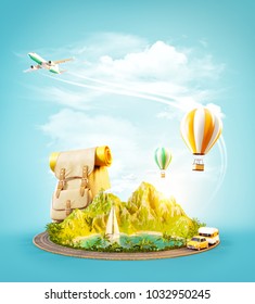 Unusual 3d Illustration Of A Mount With Tropical Beach And Road Around. Travel And Vacation Concept.