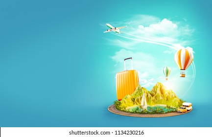 Unusual 3d illustration of a mount with tropical beach and road around. Travel and vacation concept. - Powered by Shutterstock