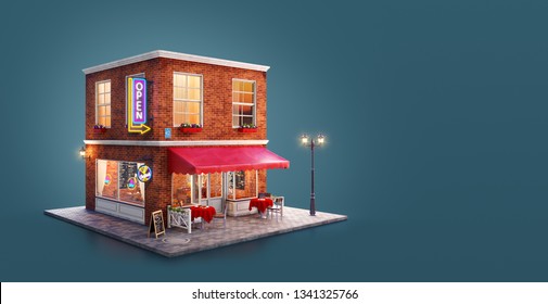 Unusual 3d illustration of a night club, cafe, pub or bar building with red awning, neon signs and outdoor tables - Powered by Shutterstock