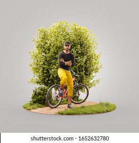 Unusual 3d illustration of a Professional cyclist standing at his mountain bike outdoors on sunny day. Cycling concept. - Powered by Shutterstock