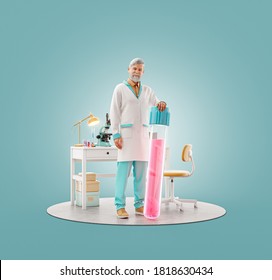 Unusual 3d illustration of scientist with vaccine standing in laboratory. Biochemistry, pharmaceuticals and health care concept. - Powered by Shutterstock