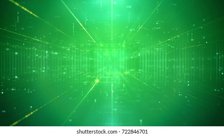 Unusual 3d Illustration Of A Sci-fi Technology Cyberspace Channel Through A Time Portal With A Network Of Figures And Plazma Looking Center. The Background Is Green. It Has A Lot Of Spots And Rays.