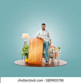 Unusual 3d Illustration Of A Smiling Young Black Man With Credit Card At His Home. Payment Online Concept.