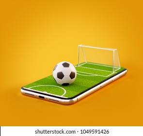 Unusual 3d illustration of a soccer field and soccer ball on a smartphone screen. Watching soccer and betting online concept - Powered by Shutterstock