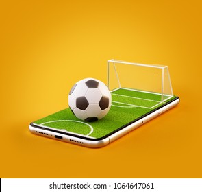 Unusual 3d illustration of a soccer field and soccer ball on a smartphone screen. Watching soccer and betting online concept - Powered by Shutterstock - Get 15% off with code: PIKWIZARD15