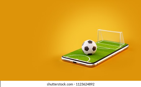 Unusual 3d illustration of a soccer field and soccer ball on a smartphone screen. Watching soccer and betting online concept - Powered by Shutterstock