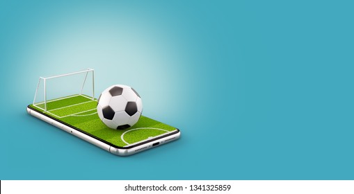 Unusual 3d illustration of a soccer field and soccer ball on a smartphone screen. Watching soccer and betting online concept - Powered by Shutterstock - Get 15% off with code: PIKWIZARD15