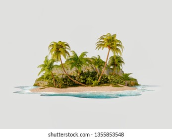 Unusual 3d Illustration Of A Tropical Island. Travel And Vacation Concept.
