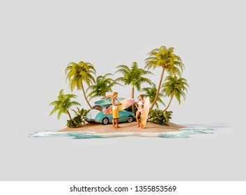 Unusual 3d illustration of a tropical island. Couple of Young surfers with surfboards standin on a beach by retro car. Travel and vacation concept. - Powered by Shutterstock