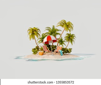 Unusual 3d Illustration Of A Tropical Island. Two Deck Chairs Under Umbrella On A Beautiful Beach. Travel And Vacation Concept.