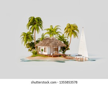 Unusual 3d illustration of a tropical island. Luxury exotical white bungalow and yacht. Travel and vacation concept.