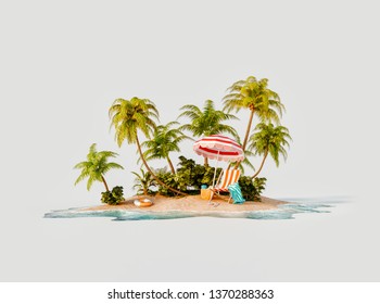 Unusual 3d illustration of a tropical island. Deck chair under umbrella on a beautiful beach. Travel and vacation concept.