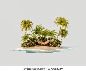 Unusual 3d illustration of a tropical island. Young man relaxing in a hammock between two palms on a beach. Travel and vacation concept. - Powered by Shutterstock