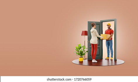 Unusual 3d illustration of a woman receiving parcel from delivery service courier at the door. Delivery and post concept.