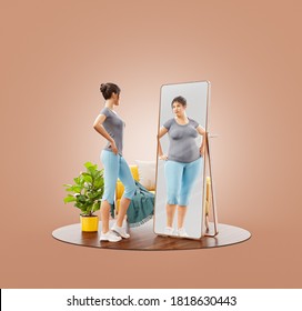 Unusual 3d Illustration Of Young Cute Sporty Woman Looking In The Mirror And Imagining Herself As Fat. Psychological Problem. Disorder, Anorexia Or Bulimia.