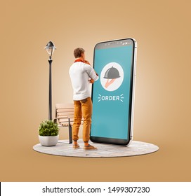 Unusual 3d Illustration Of A Young Man Standing At Big Smartphone And Ordering Food. Food Delivery Apps Concept. Online Restaurant Food.