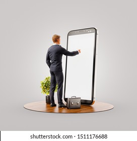 Unusual 3d Illustration Of A Young Man Standing In Fron Of Big Smartphone In Office And Touching Smart Phone Screen. Smartphone Apps Concept.