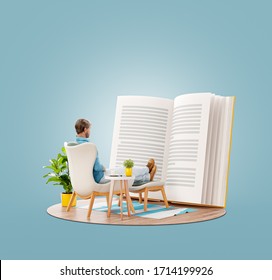 Unusual 3d illustration of a young man reads a book sitting on an armchair at home. Reading and education concept