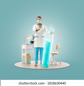 Unusual 3d illustration of young scientist with vaccine showing thumb up while standing in laboratory. Biochemistry, pharmaceuticals and health care concept. - Powered by Shutterstock