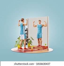 Unusual 3d Illustration of young skinny man looking in the mirror and imagining herself as muscular bodybuilder. Motivation sports concept