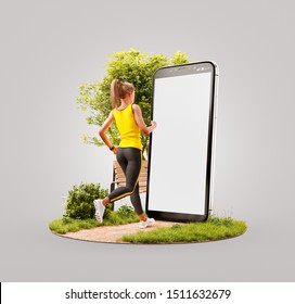 Unusual 3d illustration of a young woman in sportswear running in park in front of smartphone and using smart phone for exercises. Smartphone sports and gum apps concept.
